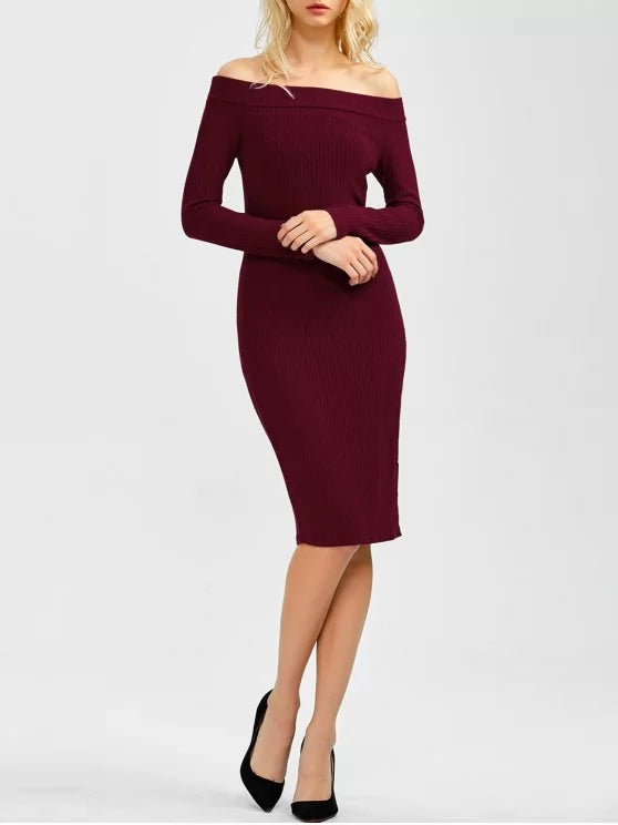 Bodycon Long Shoulder Arm Off Dress L / Wine Red Dresses