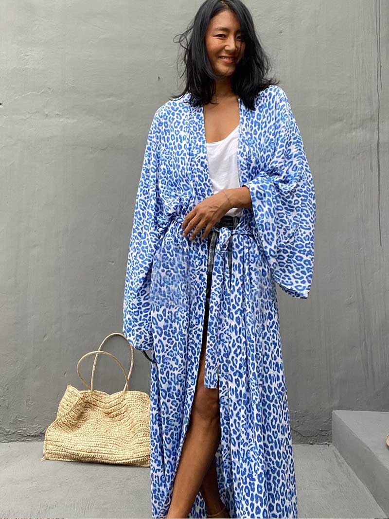 Open Front Abstract Print Belted Long Kimono Robe 15