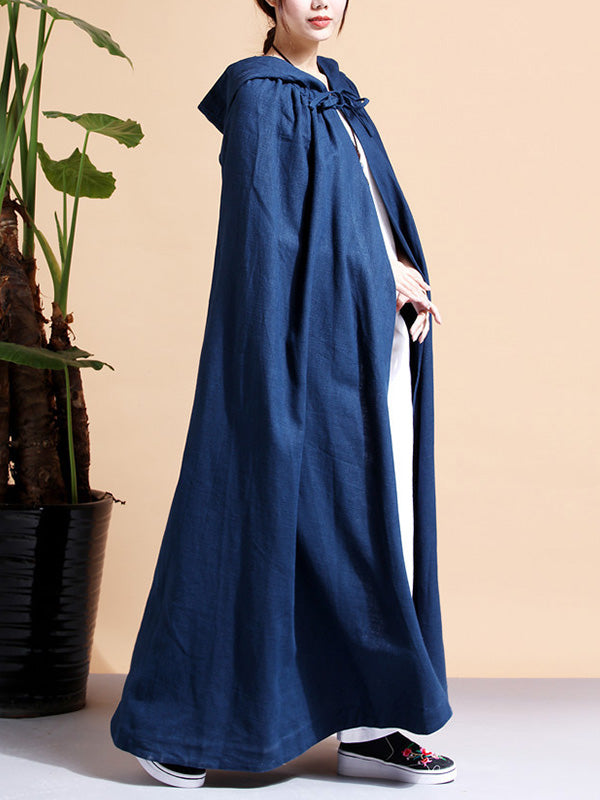 Hooded Open Front Linen Long Cape Coat