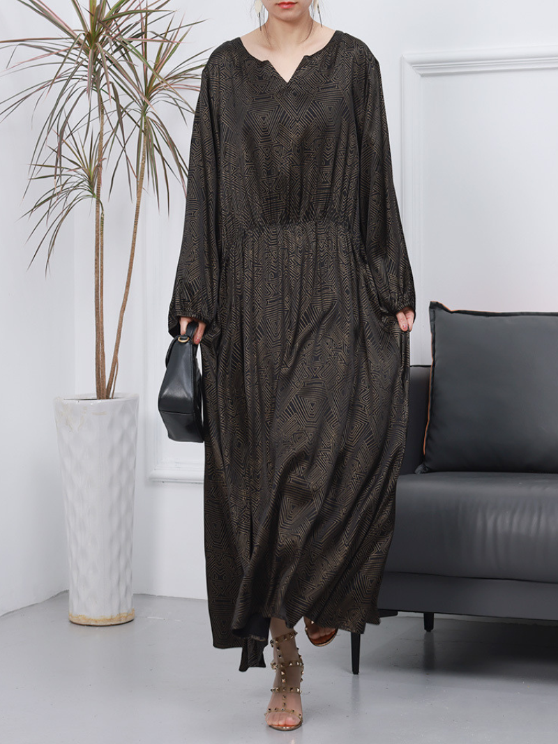 Split Neck Long Sleeve Jacquard Satin A-Line Maxi Dress