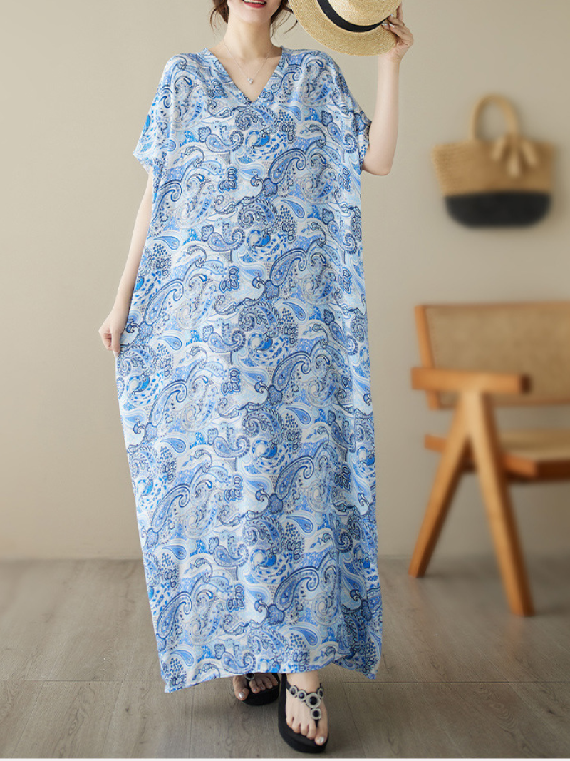 V-Neck Paisley Print Short Sleeve Loose Kaftan Maxi Dress