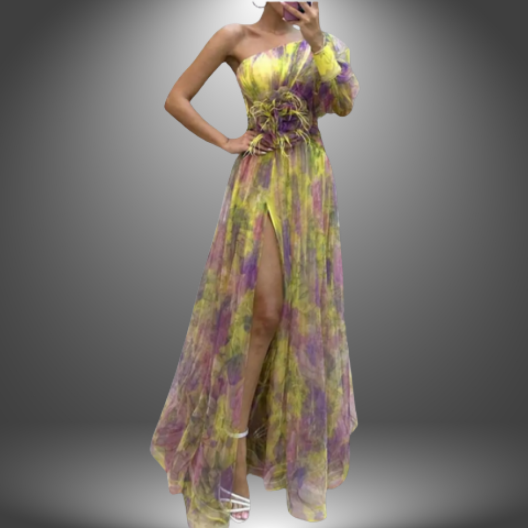 One-Shoulder Watercolor Print Feather Waist High Slit Tulle Maxi Gown 5