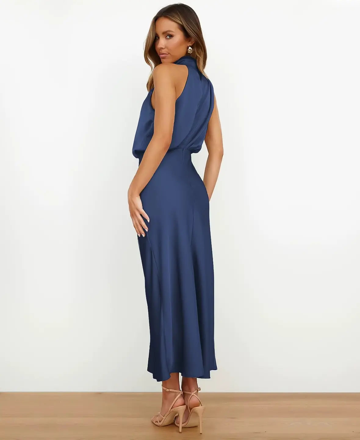 Halter Neck Draped Satin Sleeveless A-Line Maxi Dress 6
