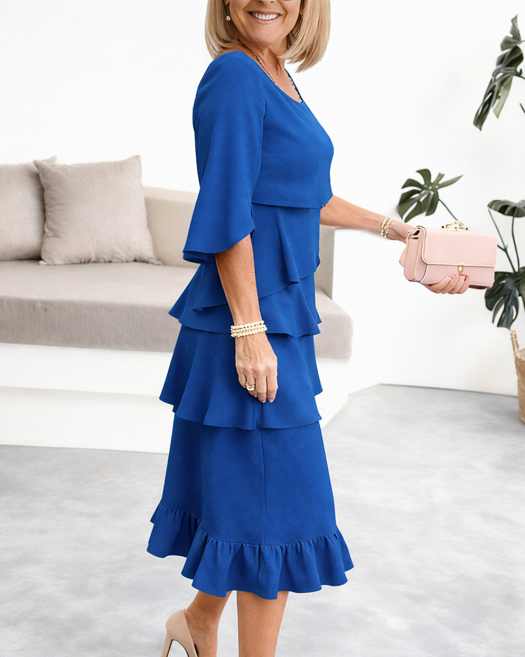 Round Neck Flutter Sleeve Tiered Ruffle Layered Midi Dress 5