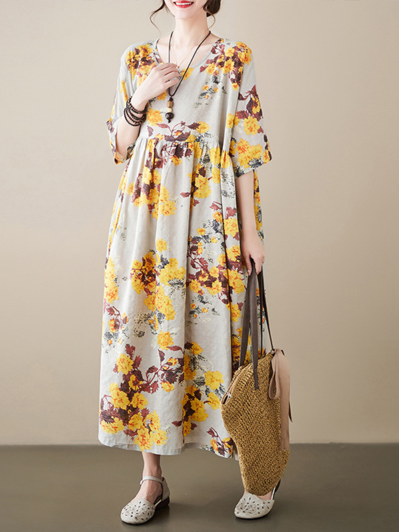 Yellow Round Neck Short Sleeve Floral Smock Loose Midi Dress