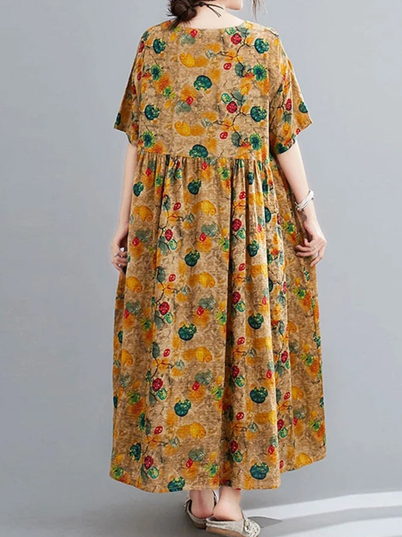 Bronze Round Neck Floral Print Short Sleeve Pleated Loose Maxi Dress