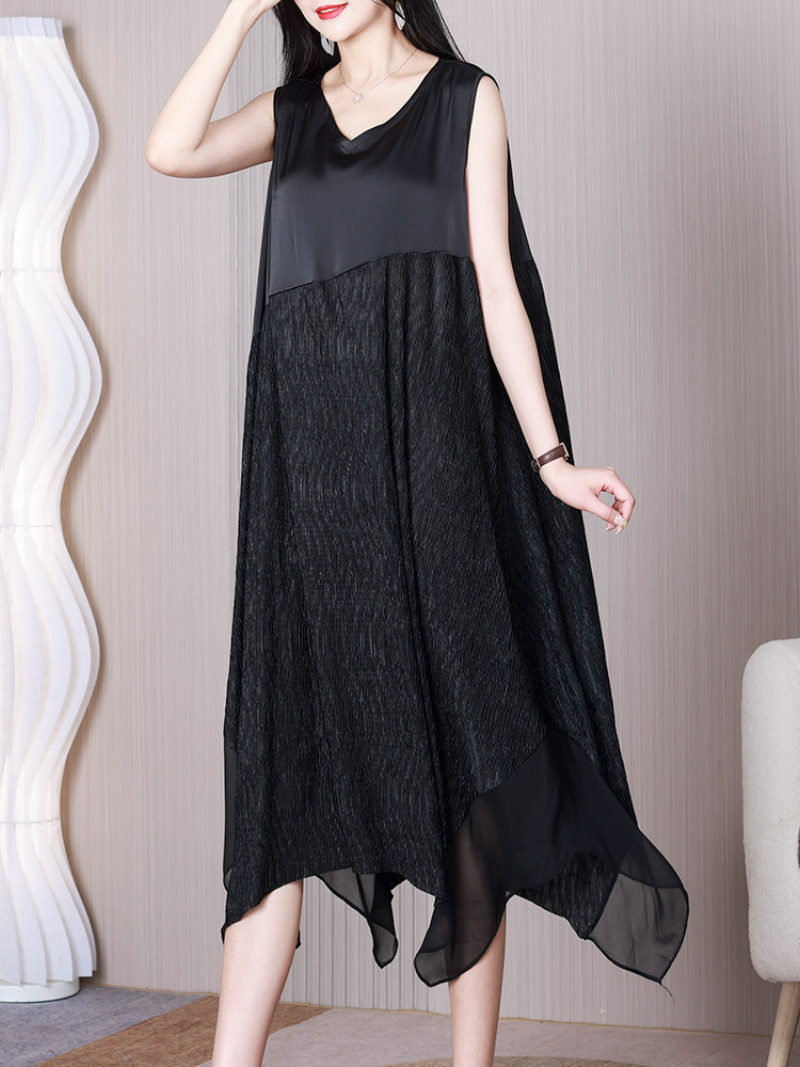 Black V-Neck Sleeveless Satin Yoke Textured Handkerchief Hem Midi Dress 2