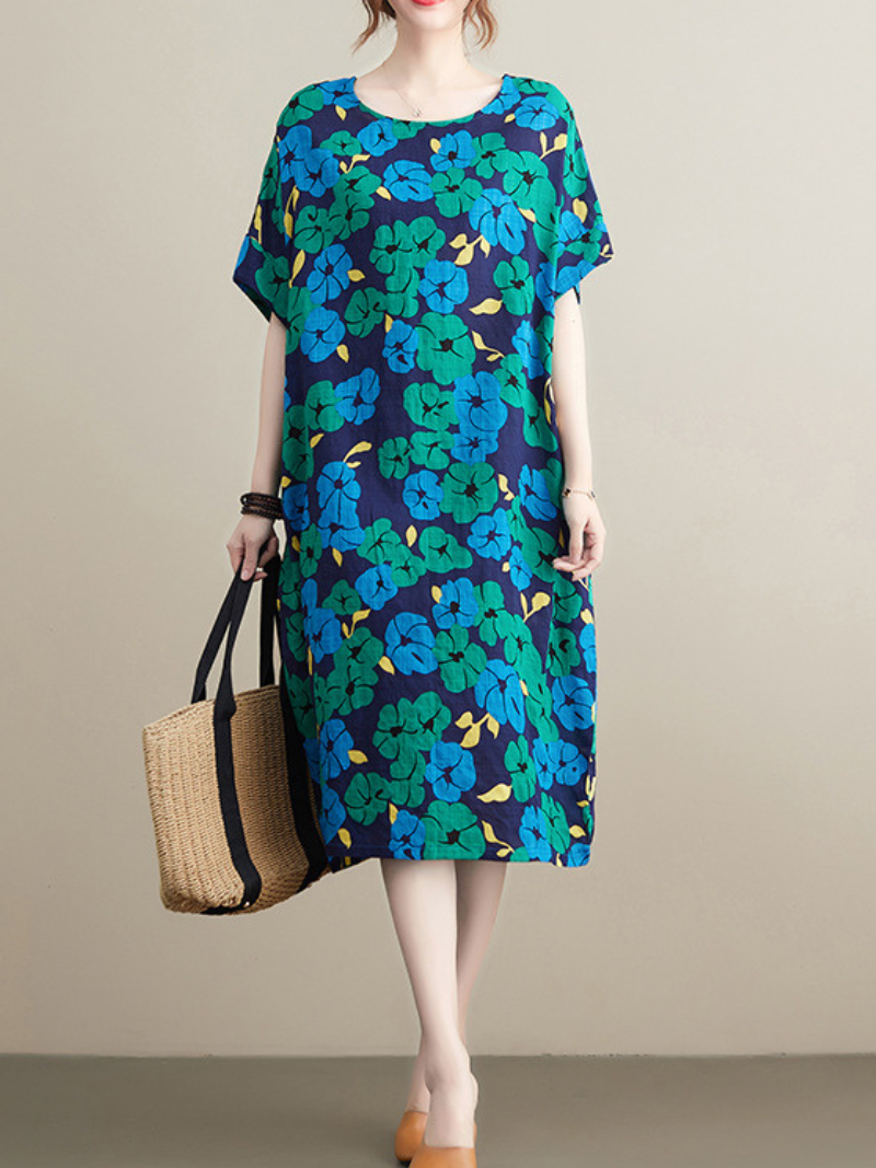 Green Round Neck Floral Print Short Sleeve Loose Midi Dress