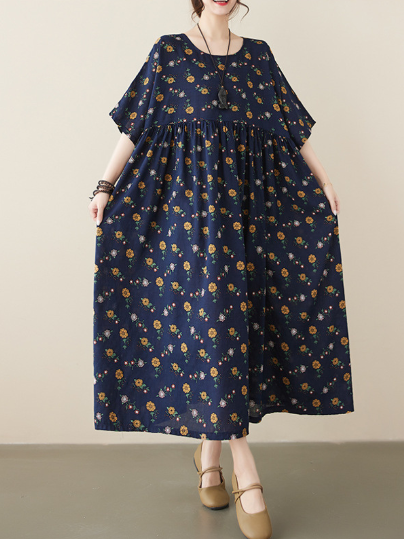 Navy Blue Round Neck Short Sleeve Floral Print Smock A-Line Maxi Dress 2