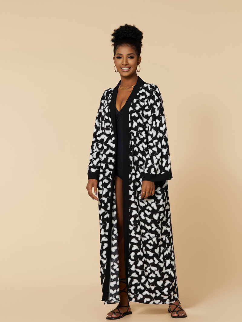 Zebra Print Contrast Trim Tie Waist Long Kimono