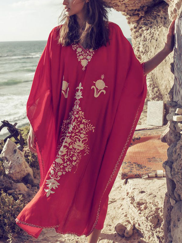 Red V-Neck Floral Embroidered Loose Bohemian Kaftan Maxi Dress