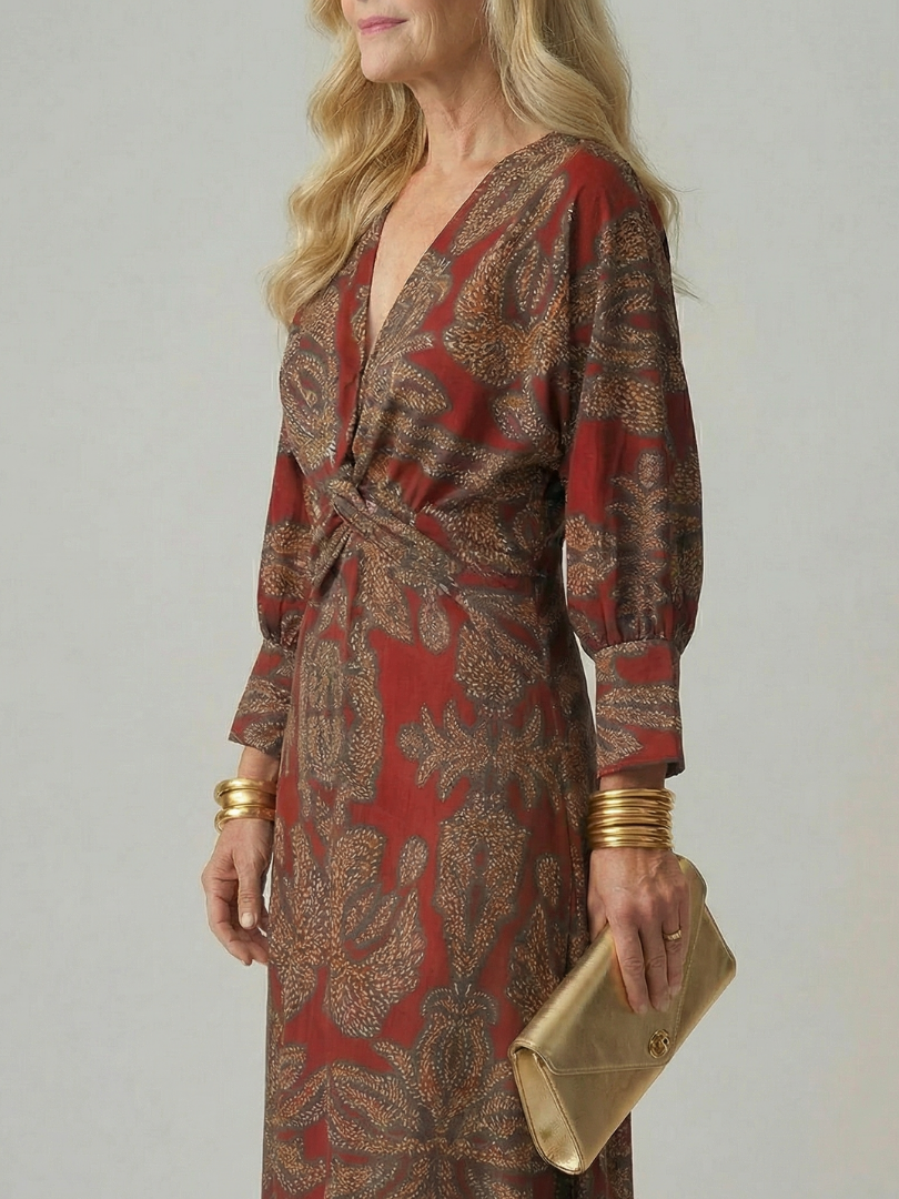 V-Neck Twist Front Long Sleeve Abstract Print Sheath Midi Dress