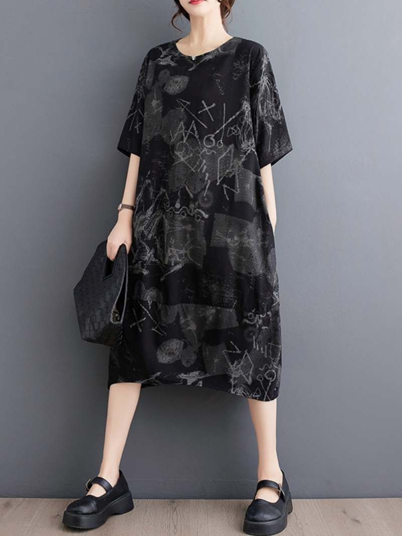 Round Neck Short Sleeve Abstract Ink Print Cocoon Midi Dress 6