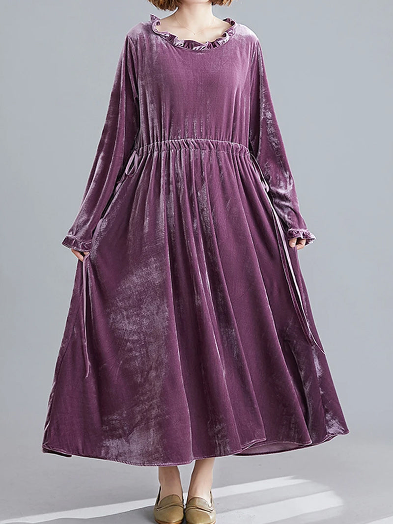Purple Ruffle Neck Velvet Long Sleeve Drawstring Waist A-Line Midi Dress