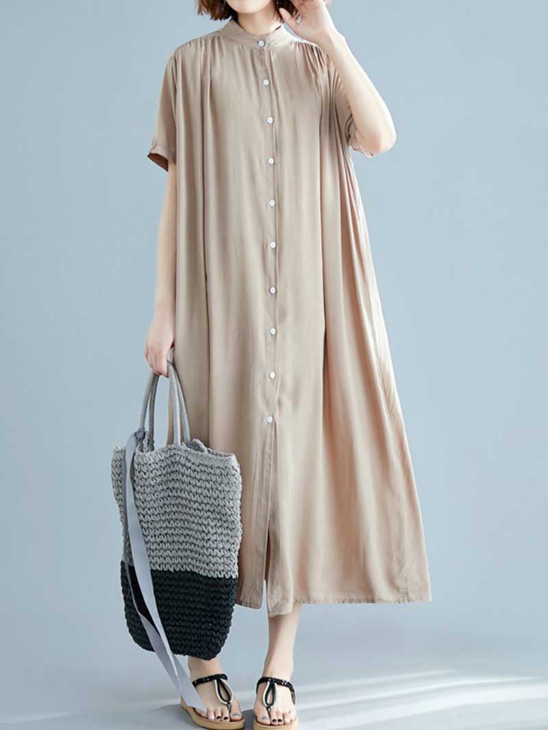Button Front Short Sleeve Loose Cotton Shirt Maxi Dress 4