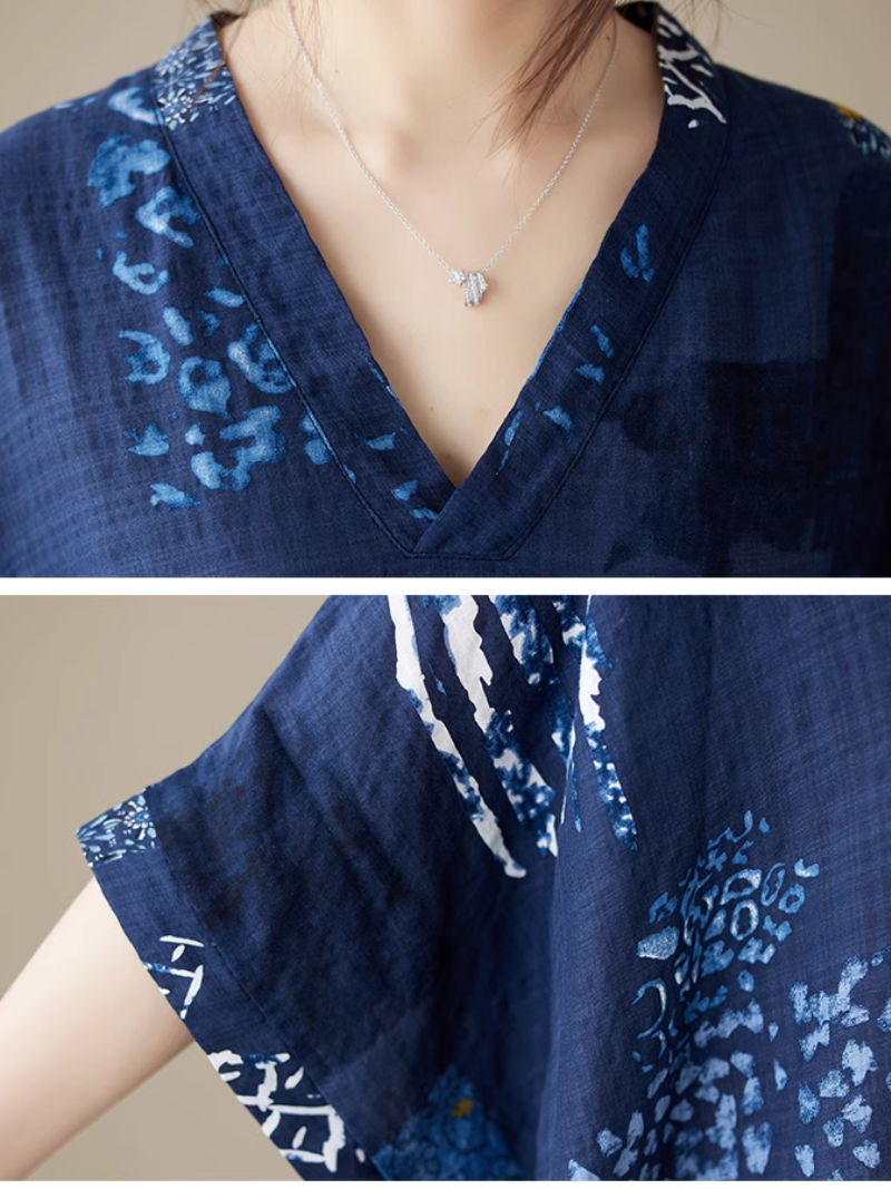 Blue V-Neck Batwing Sleeve Abstract Ethnic Print Loose Kaftan Maxi Dress 4