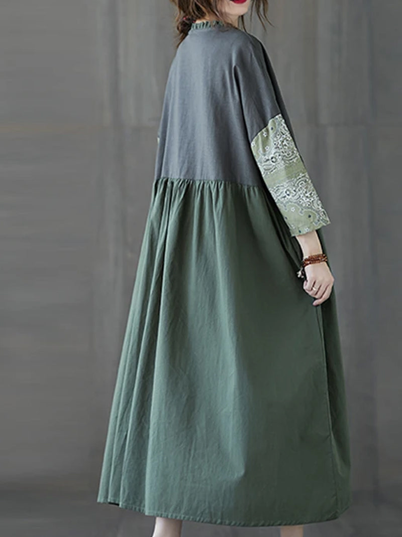 Ruffle Collar Paisley Patchwork Pleated Long Sleeve Smock Maxi Dress