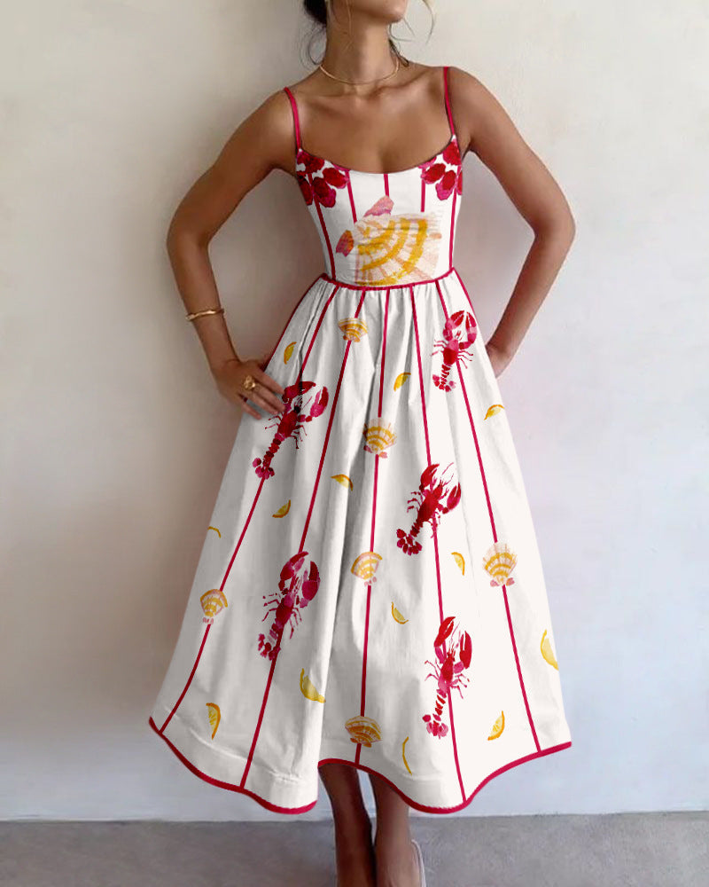 Spaghetti Strap Scoop Neck Lobster Print Fit And Flare Midi Dress