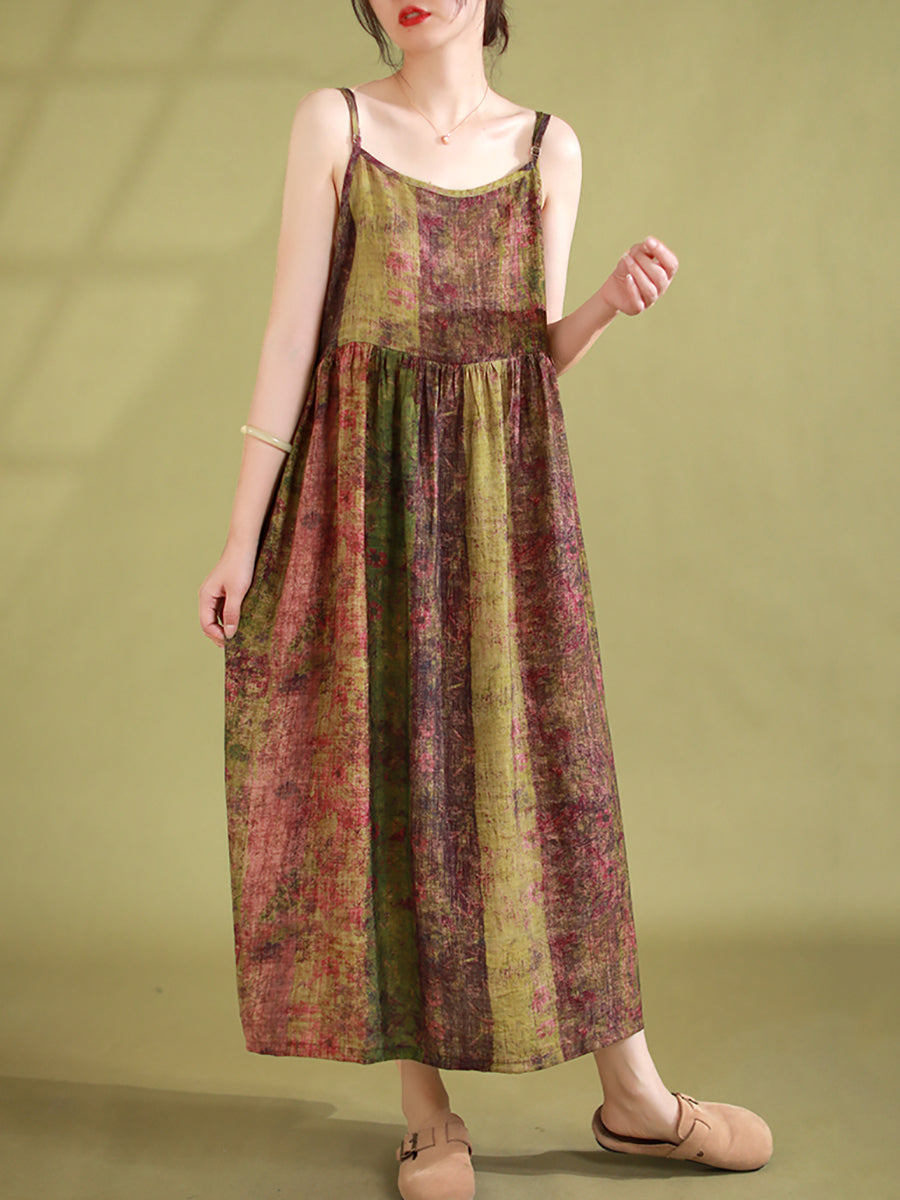 Women Summer Vintage Floral Pleated Loose Dress Sleeveless