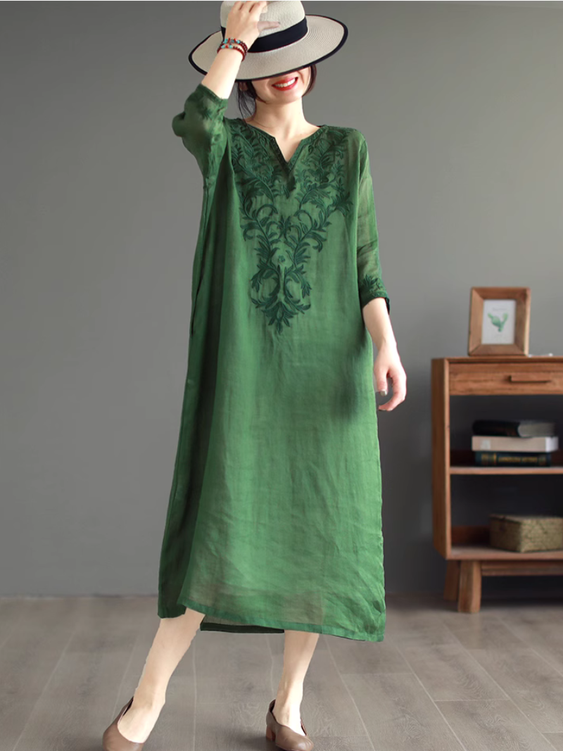 V-Neck Floral Embroidered Long Sleeve Loose Linen Midi Dress