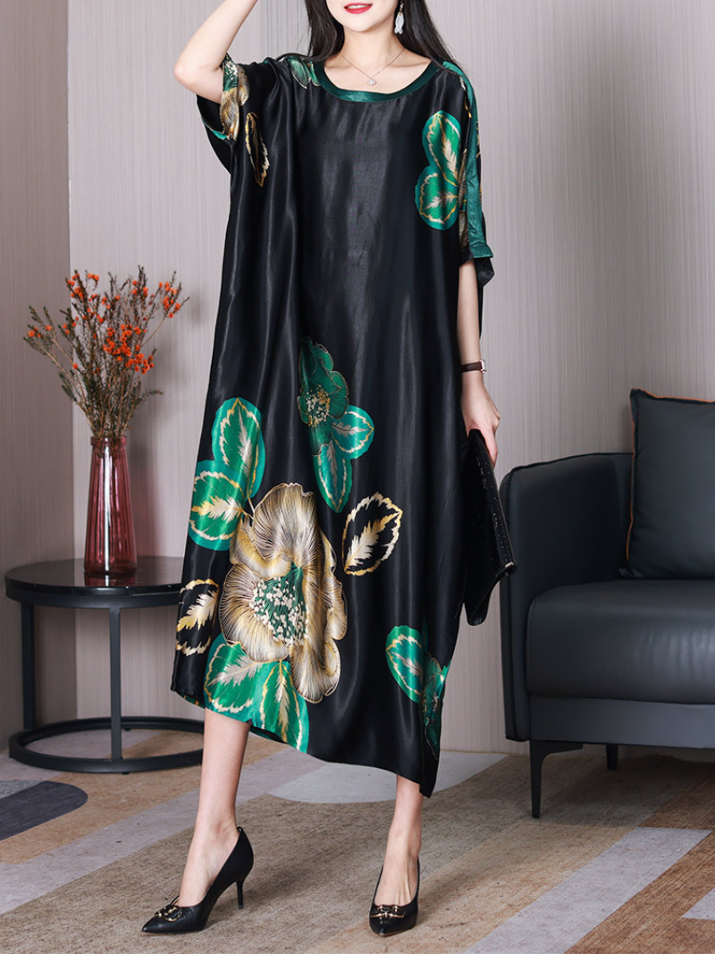 Green Round Neck Satin Floral Print Short Sleeve Loose Maxi Dress 4