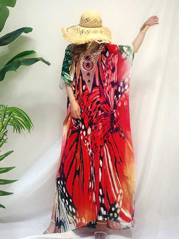Red V-Neck Embellished Butterfly Print Batwing Sleeve Loose Kaftan Maxi Dress 4