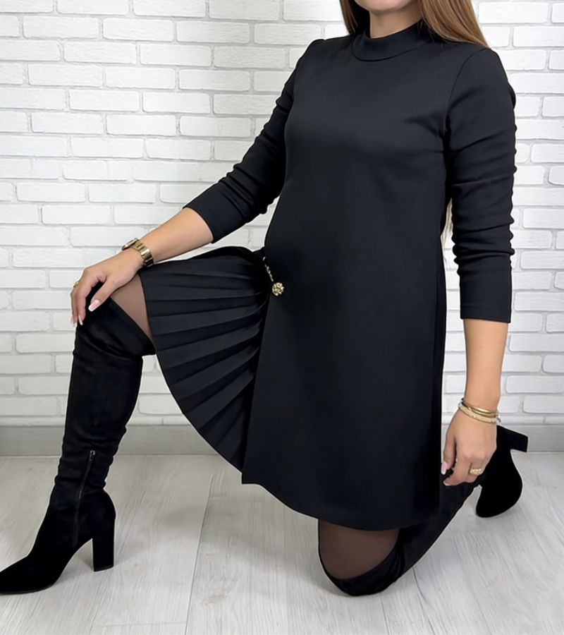 Mock Neck Long Sleeve Pleated Detail A-Line Mini Dress 15
