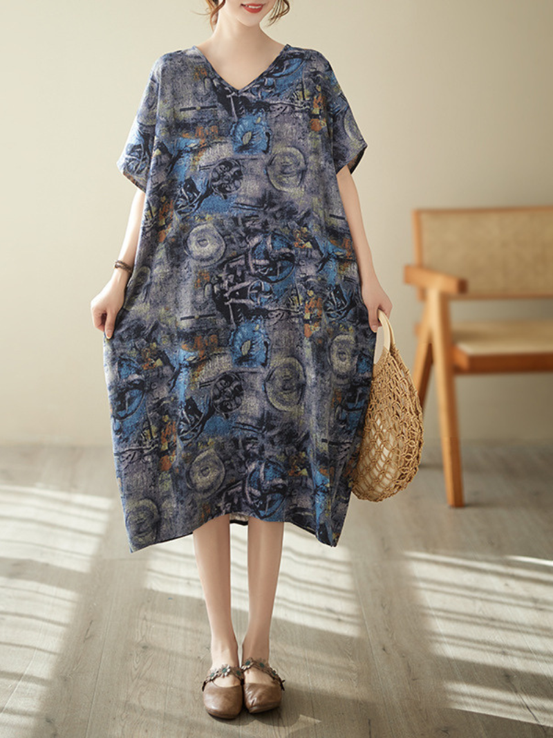 Multi Color V-Neck Short Sleeve Abstract Print Loose Midi Dress 3