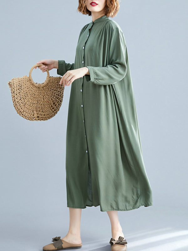 Stand Collar Long Sleeve Button Front Loose Shirt Midi Dress 9