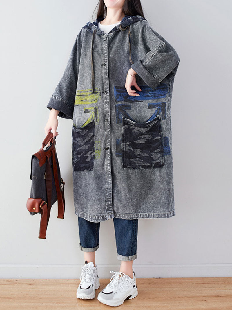 Hooded Graffiti Print Patch Pocket Long Denim Coat 13