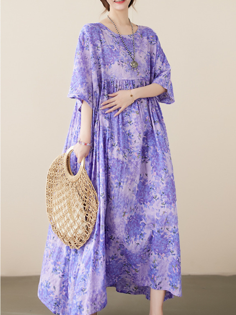 Round Neck Short Sleeve Floral Print Pleated Smock Maxi Dress