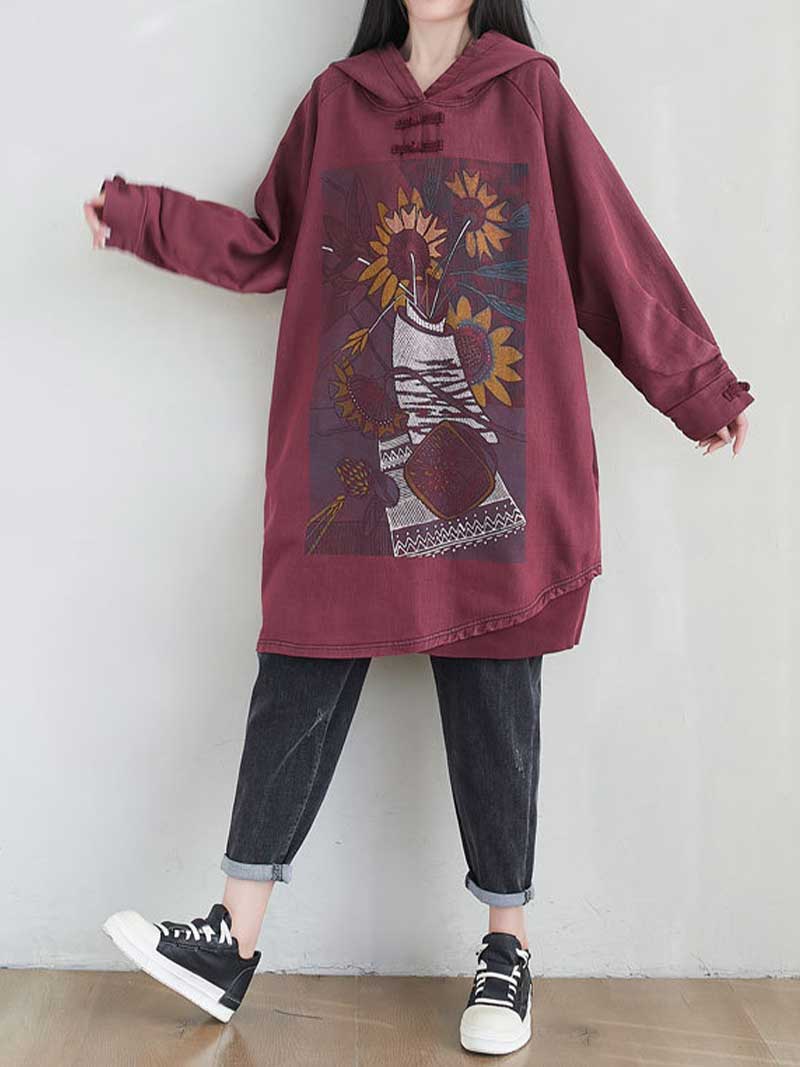 Hooded Floral Graphic Print Longline Sweatshirt Hoodie