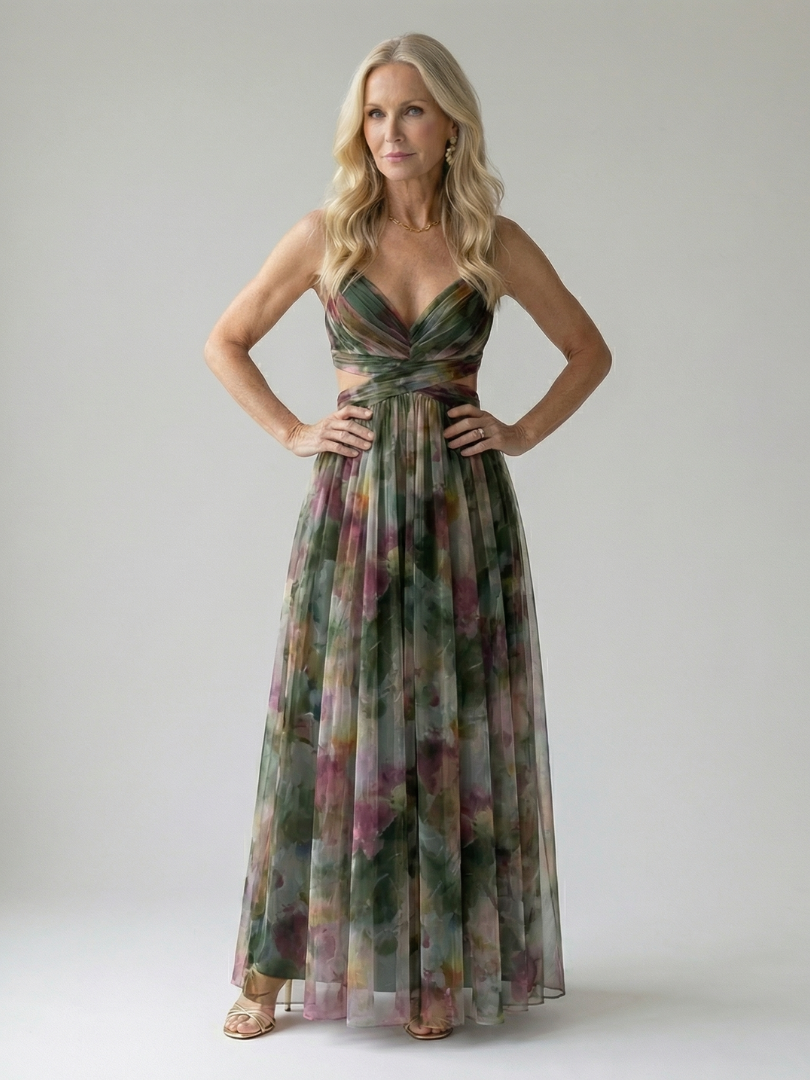Spaghetti Strap V-Neck Floral Print Pleated Tulle Maxi Gown 11
