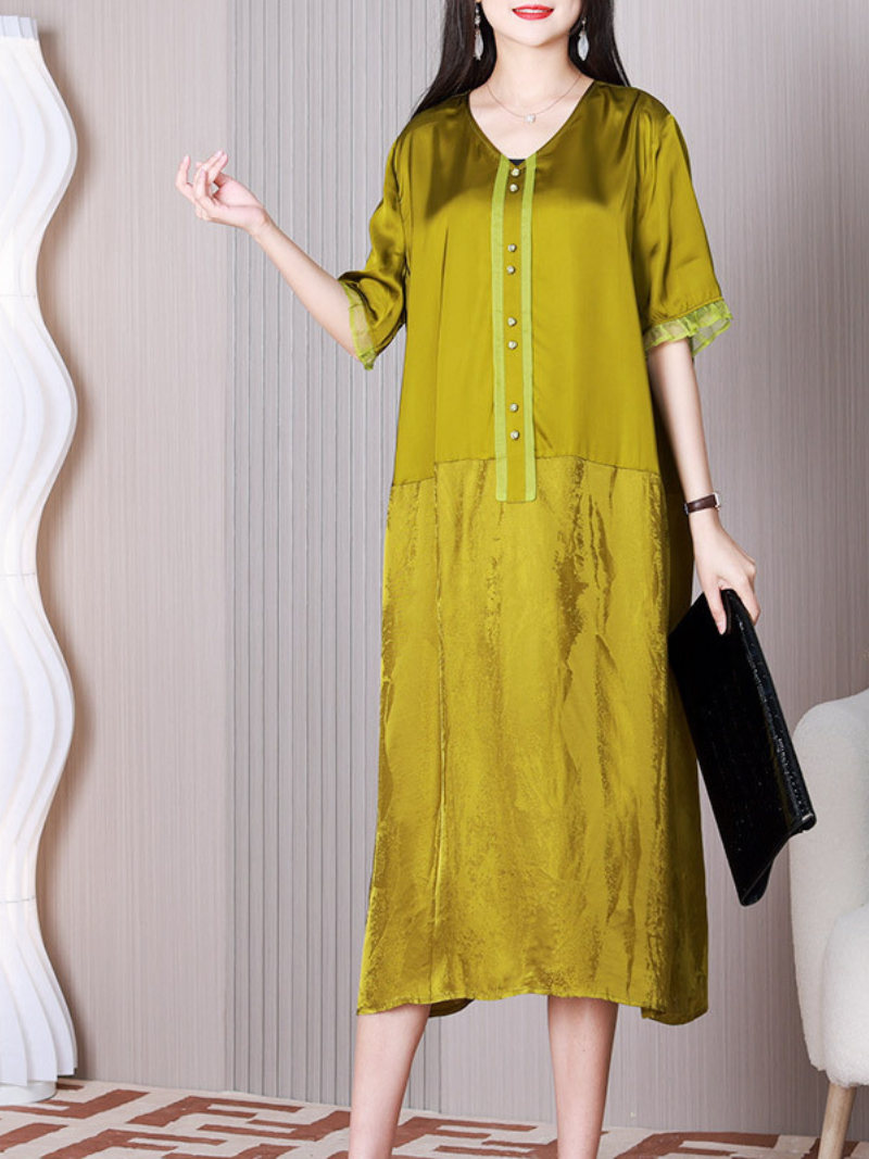 V-Neck Short Sleeve Button Placket Satin Loose A-Line Midi Dress