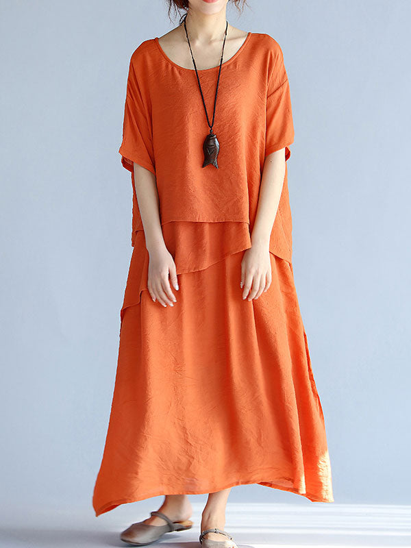 Round Neck Layered Short Sleeve Loose A-Line Linen Maxi Dress
