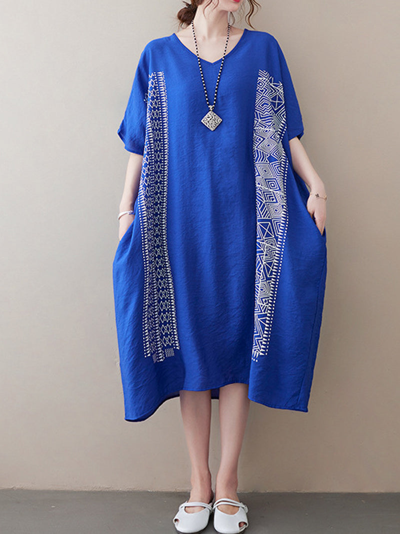 V-Neck Batwing Sleeve Geometric Print Loose Oversized Midi Dress 12