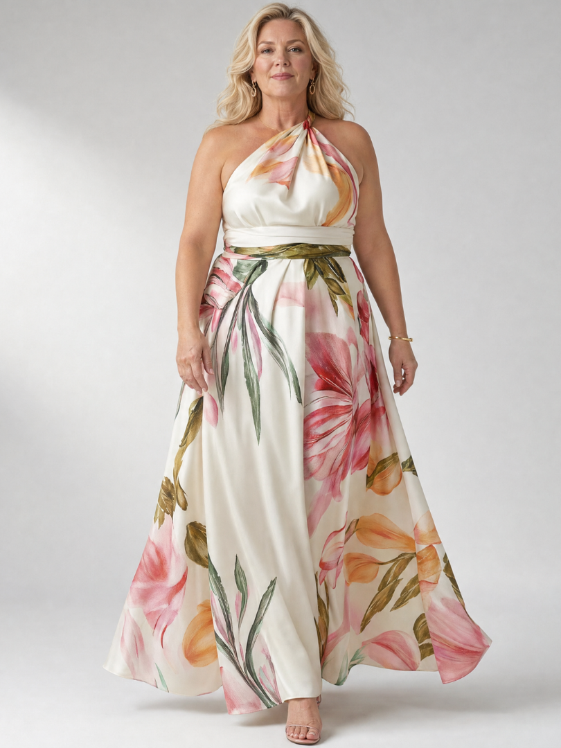 Halter Neck Twist Floral Print Satin A-Line Gown 5