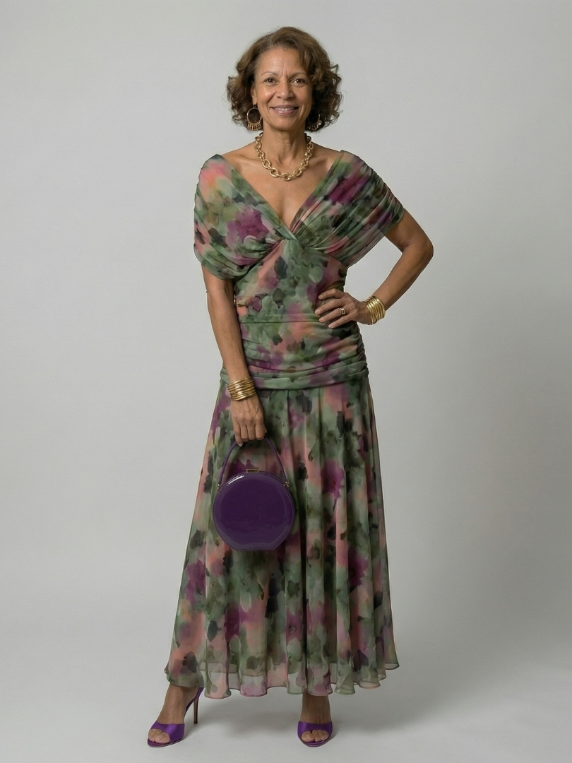 Off-Shoulder V-Neck Watercolor Floral Ruched Chiffon Maxi Dress 12