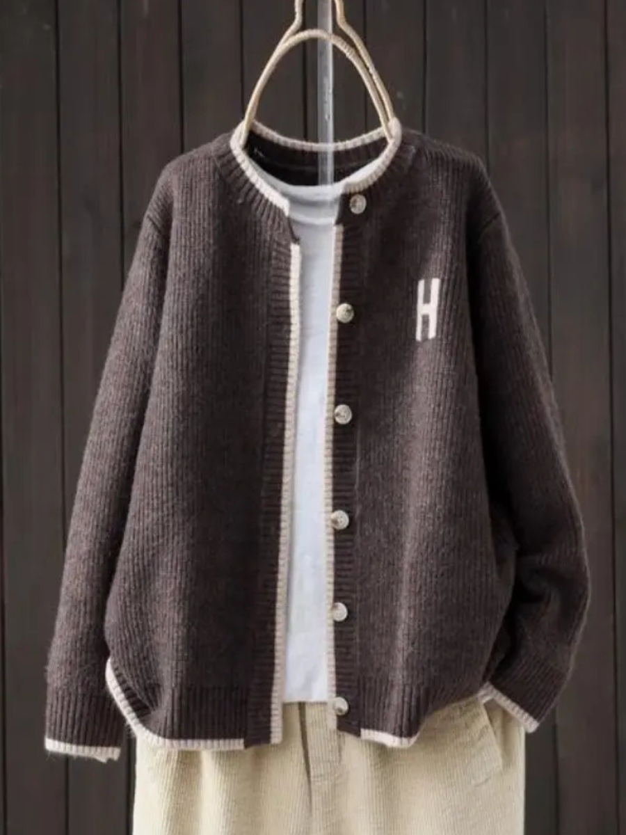 Crewneck Ribbed Knit Button Front Contrast Trim Cardigan 3