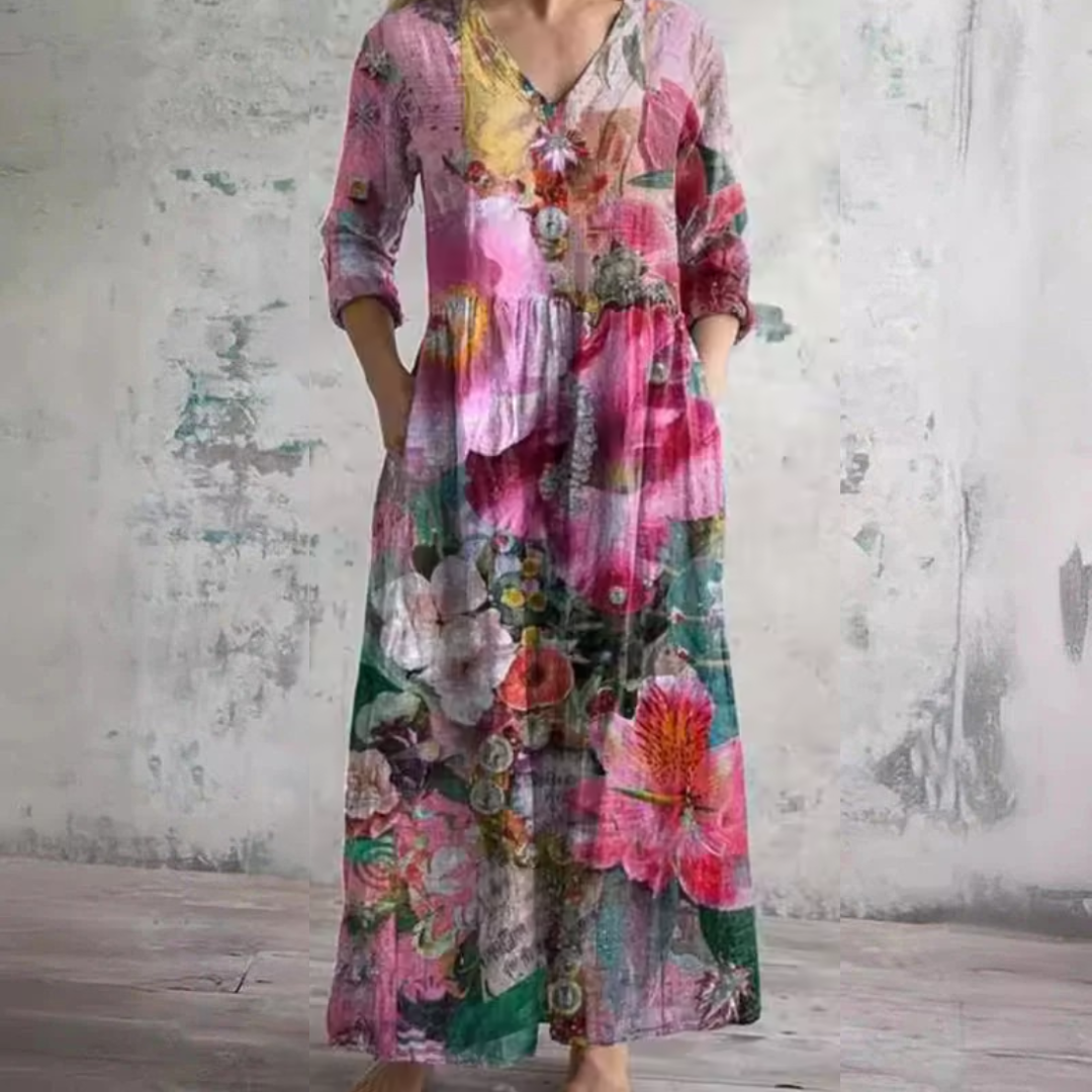 Pink V-Neck Floral Print Long Sleeve Gathered Waist Maxi Dress