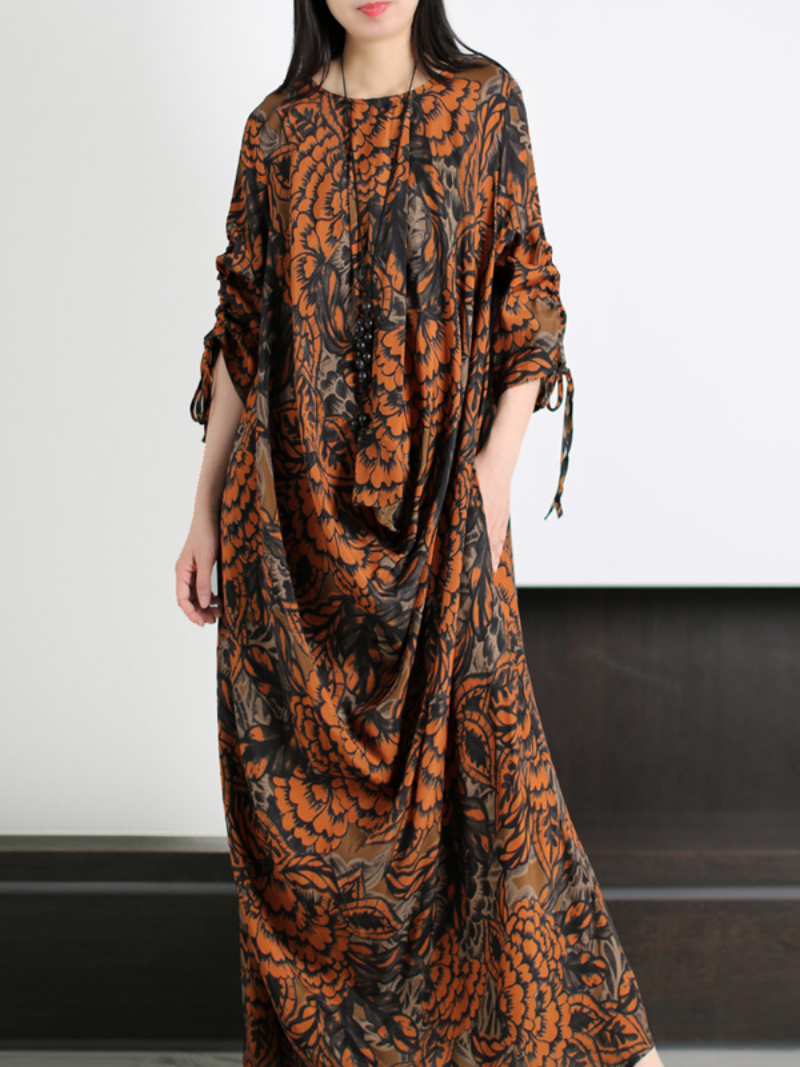 Black Yellow Round Neck Floral Print Drawstring Sleeve Loose Maxi Dress
