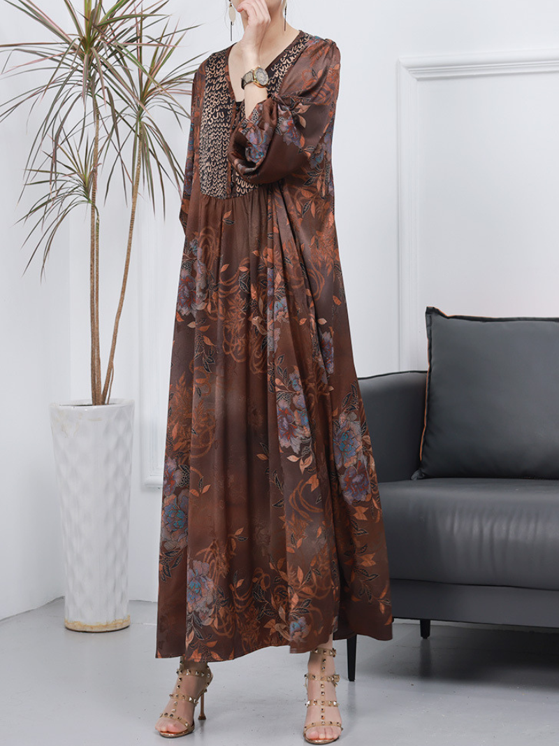 V-Neck Long Sleeve Floral Print Pleated Yoke Kaftan Maxi Dress
