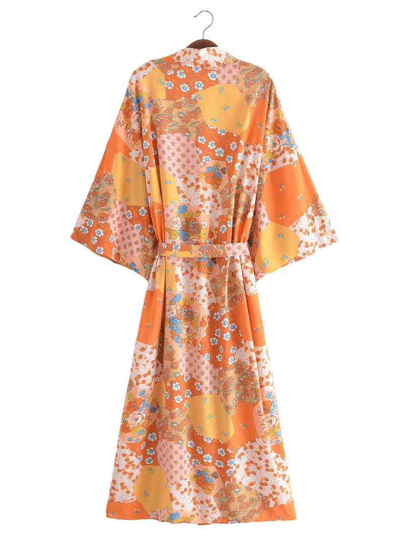 Floral Patchwork Print Belted Long Kimono Robe
