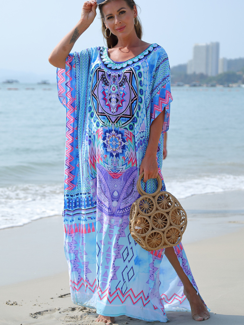 Blue Round Neck Bohemian Print Batwing Sleeve Loose Kaftan Maxi Dress