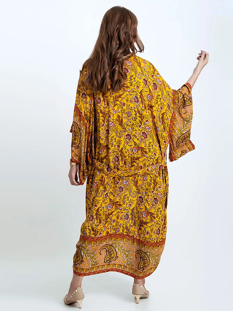 Yellow Floral Paisley Print Belted Long Kimono Robe 2