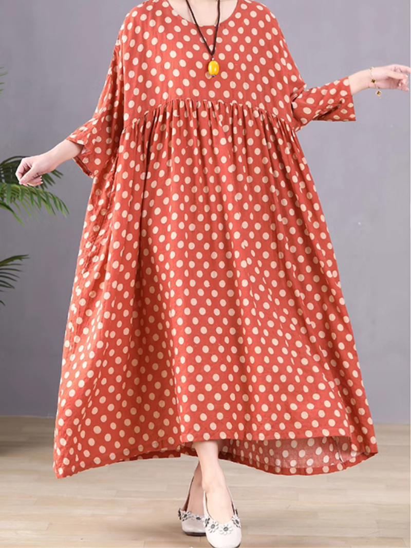 Round Neck Polka Dot Batwing Sleeve Loose Smock Maxi Dress