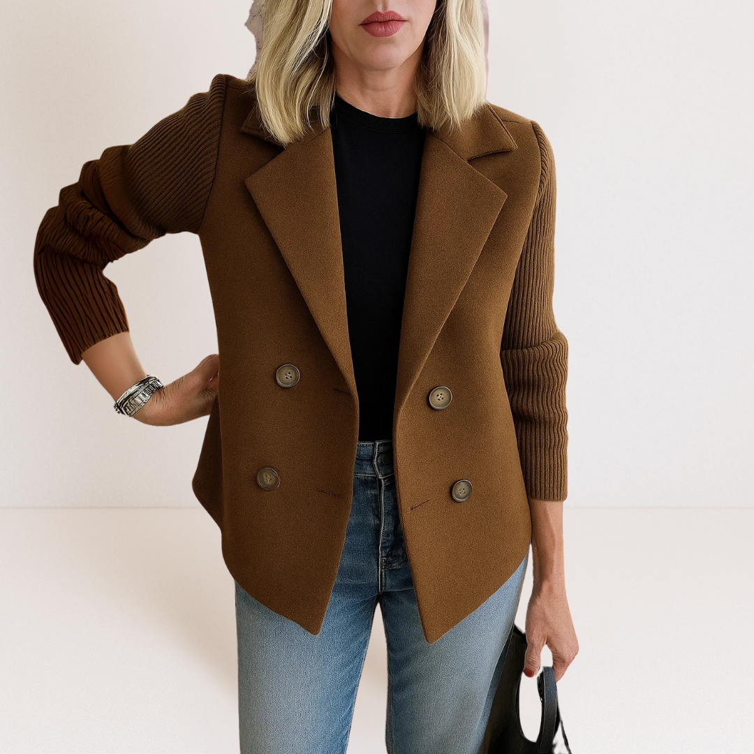 Notch Lapel Ribbed Knit Sleeve Double-Breasted Coat 5