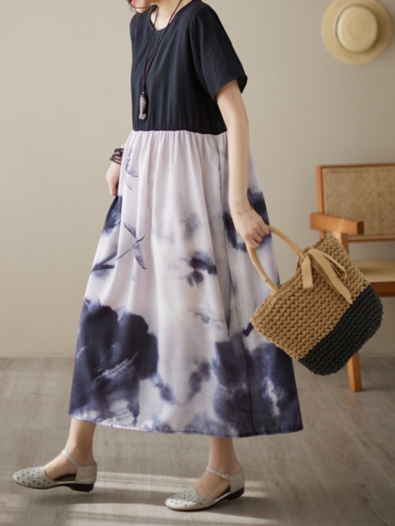 Black Round Neck Short Sleeve Ink Print A-Line Midi Dress 3