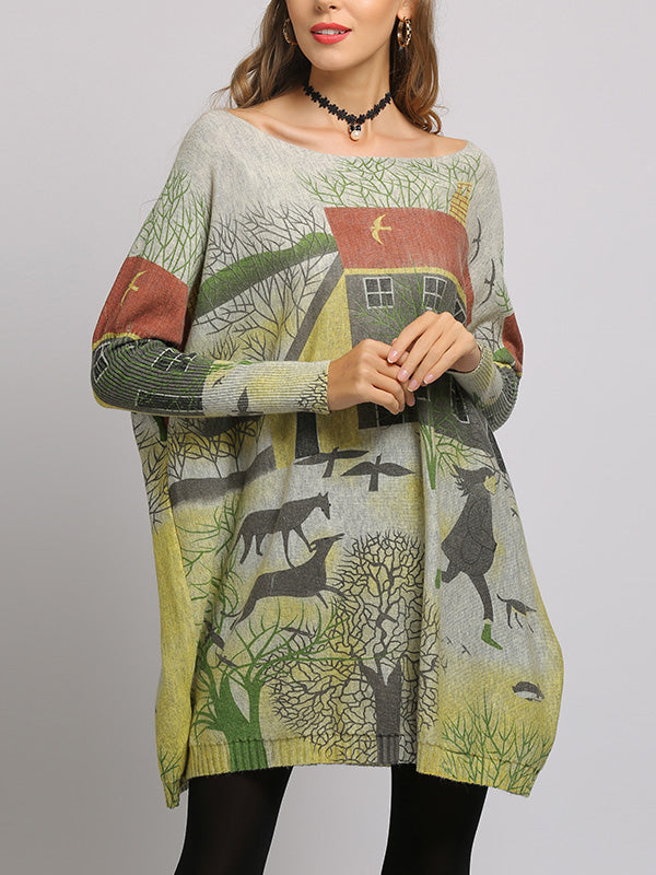 Boat Neck Scenic Print Long Sleeve Loose Knit Sweater 14