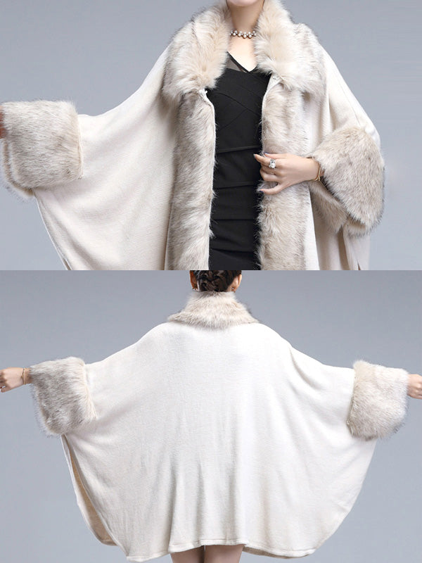 Faux Fur Trim Open Front Batwing Knit Cape Cardigan 13
